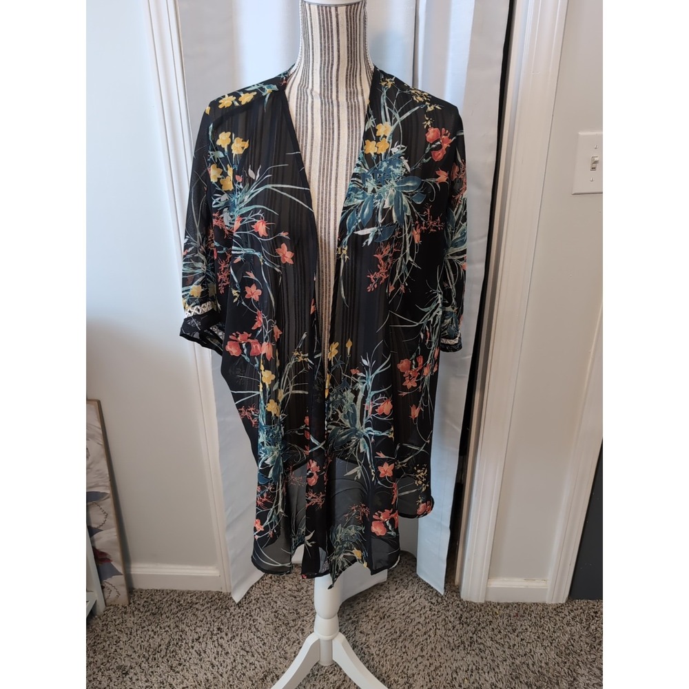 Liberty Love Women's Black Floral Chiffon Kimono Cardigan Large Bohemian Cottage